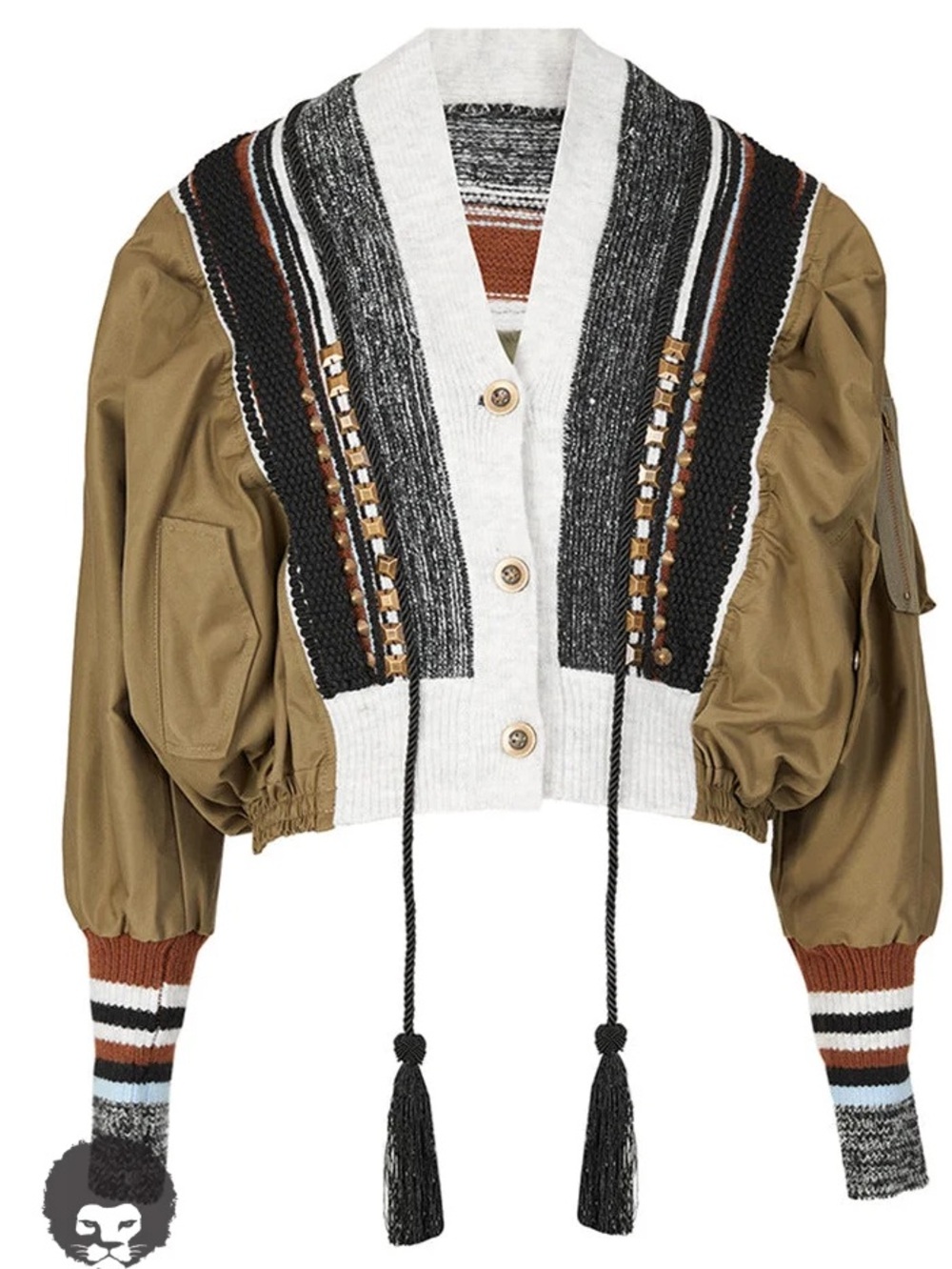 Stylish Khaki & Cream Mixed-Media Bomber Cardigan Jacket
